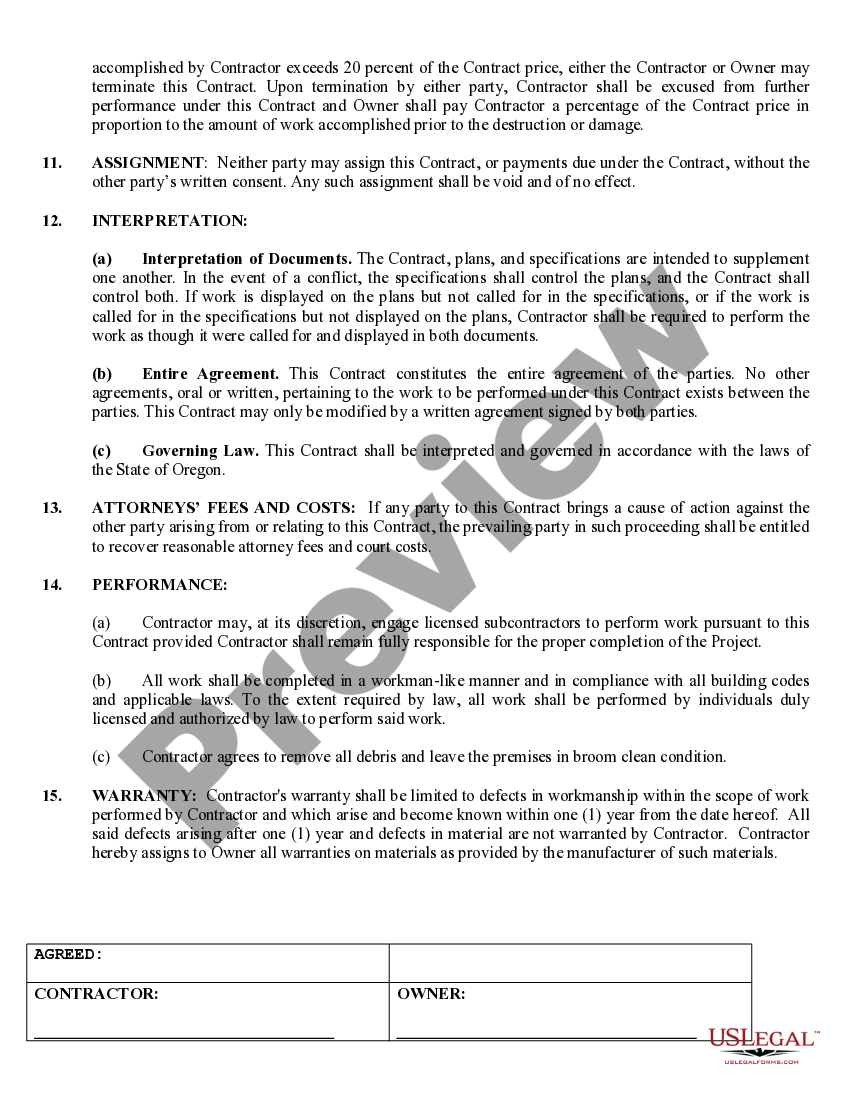 Oregon Trim Carpenter Contract for Contractor US Legal Forms