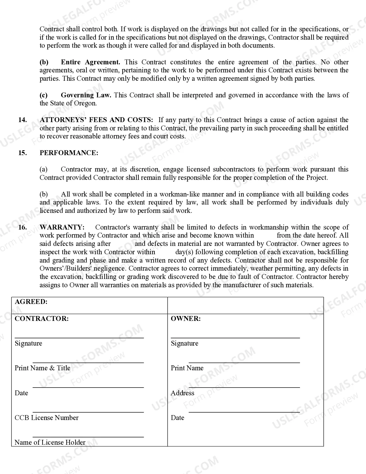 Preview Excavator Contract for Contractor