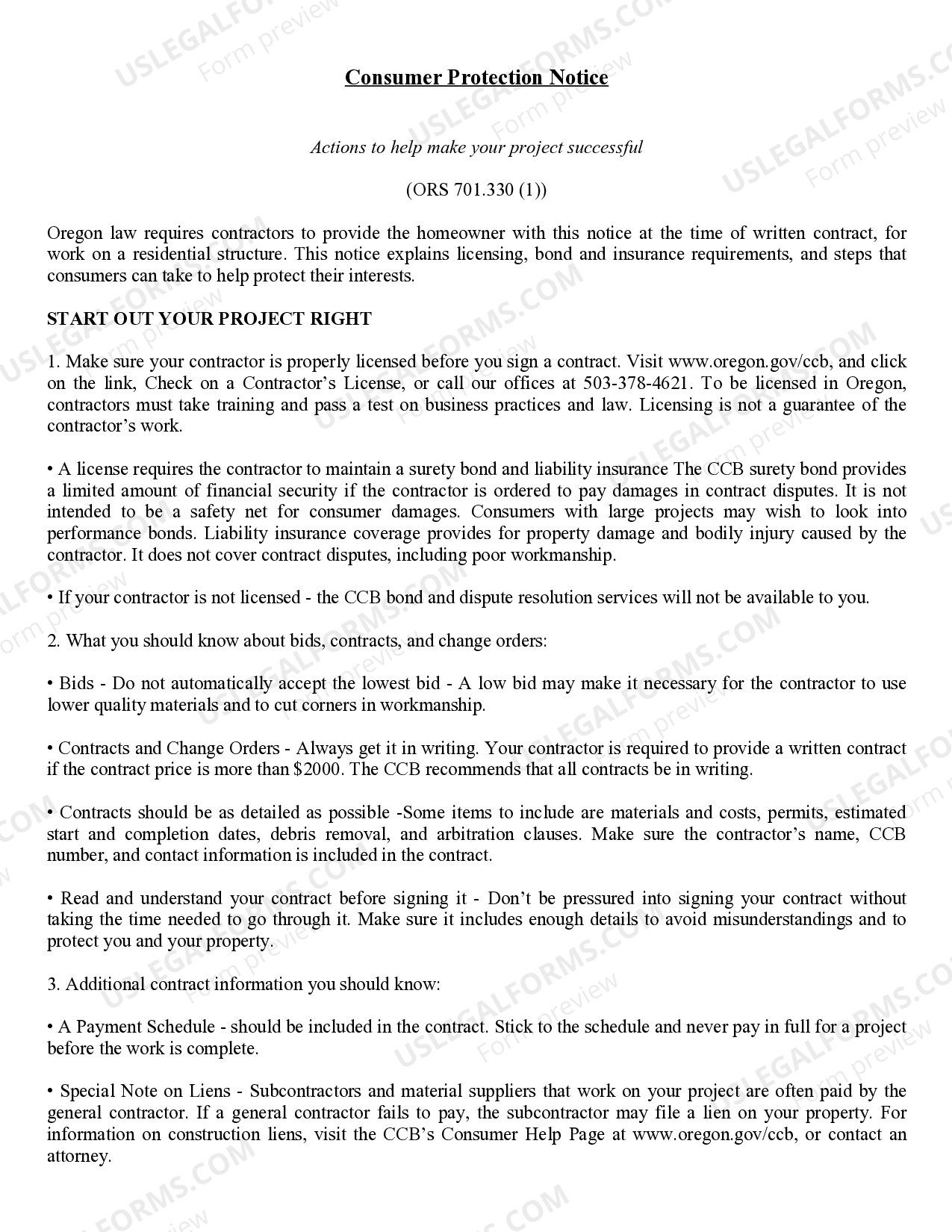 Oregon Framing Contract for Contractor - Framing Contract | US Legal Forms