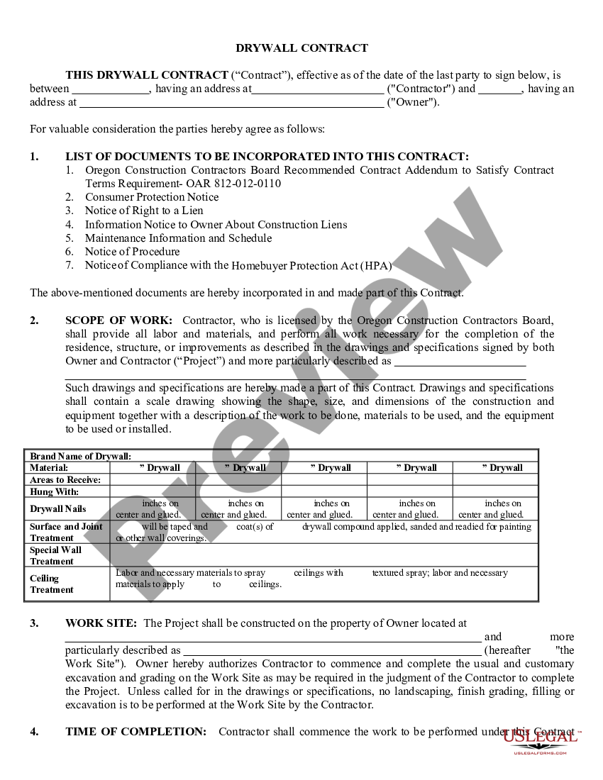 Oregon Sheetrock Drywall Contract for Contractor | US Legal Forms