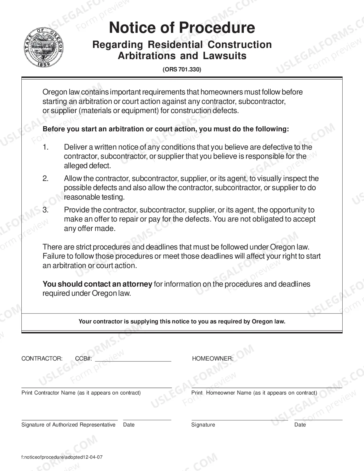 Preview Oregon Required Residential Construction Notices