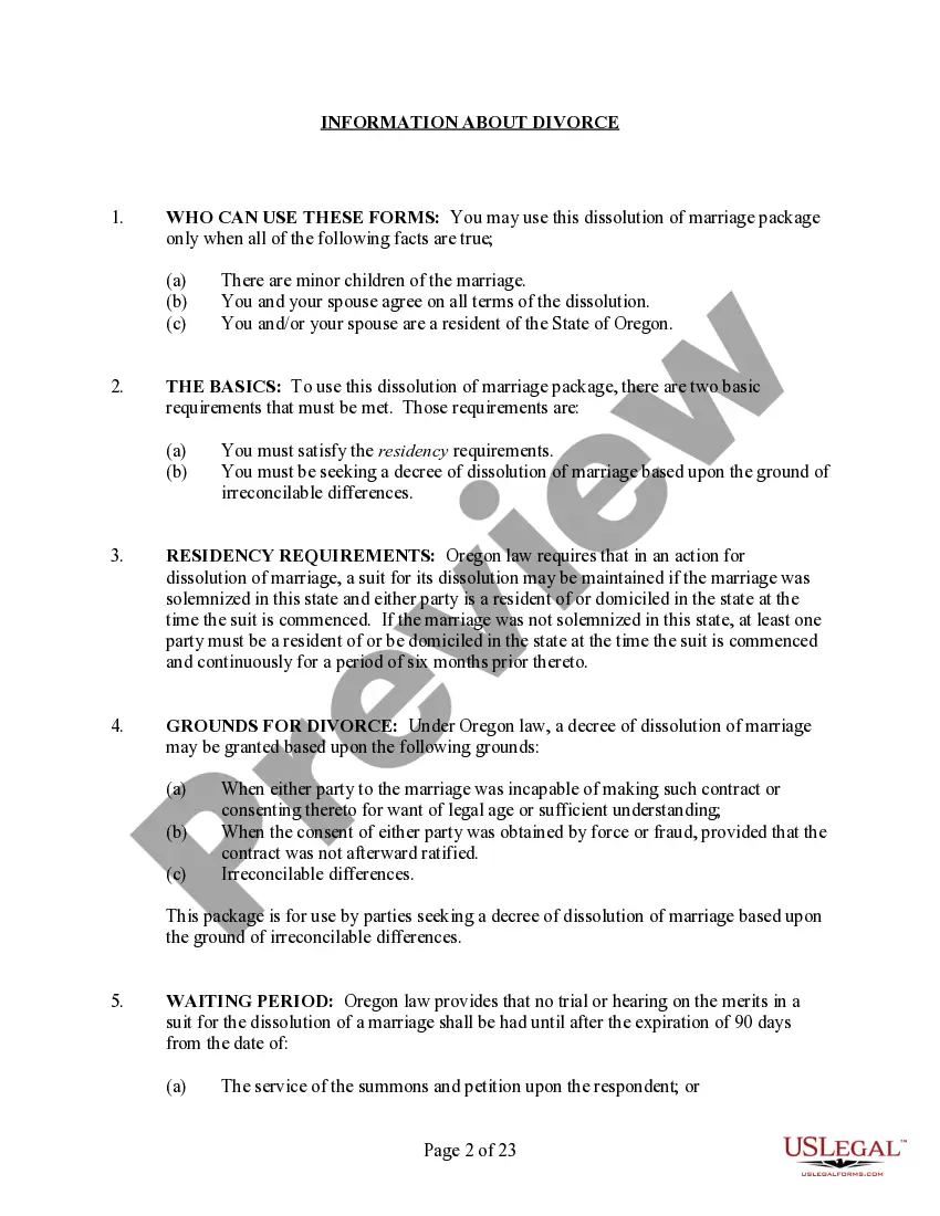 Get Oregon No-Fault Agreed Uncontested Divorce Package for Dissolution of Marriage for people with Minor Children Preview Oregon No-Fault Agreed Uncontested Divorce Package for Dissolution of Marriage for people with Minor Children