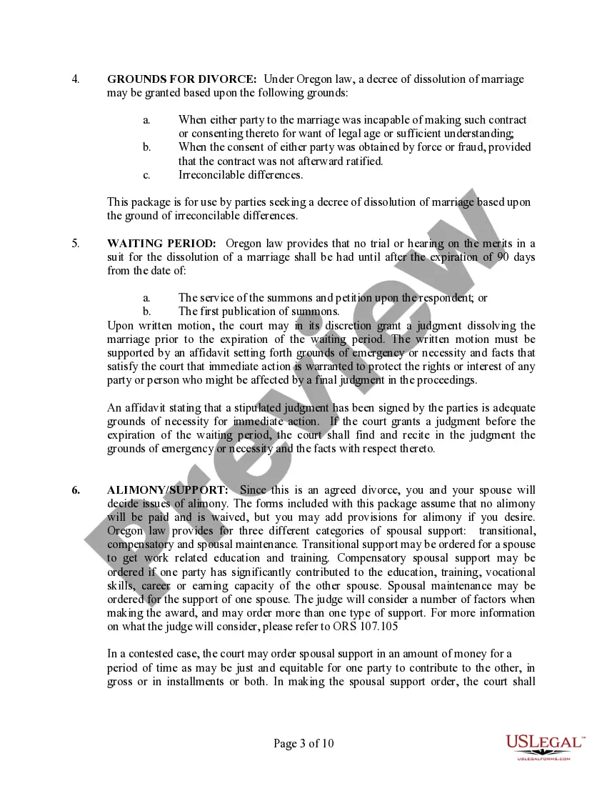Preview Oregon No-Fault Agreed Uncontested Divorce Package for Dissolution of Marriage for Persons with No Children with or without Property and Debts