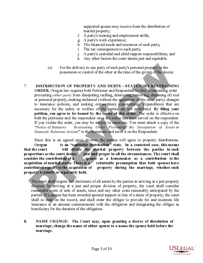 Preview Oregon No-Fault Agreed Uncontested Divorce Package for Dissolution of Marriage for Persons with No Children with or without Property and Debts