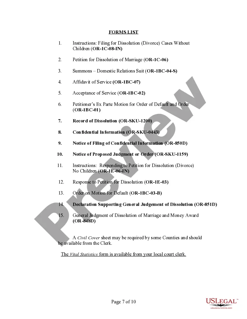 Preview Oregon No-Fault Agreed Uncontested Divorce Package for Dissolution of Marriage for Persons with No Children with or without Property and Debts