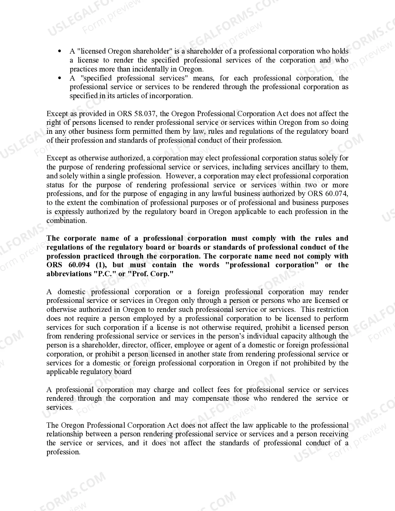 Preview Professional Corporation Package for Oregon