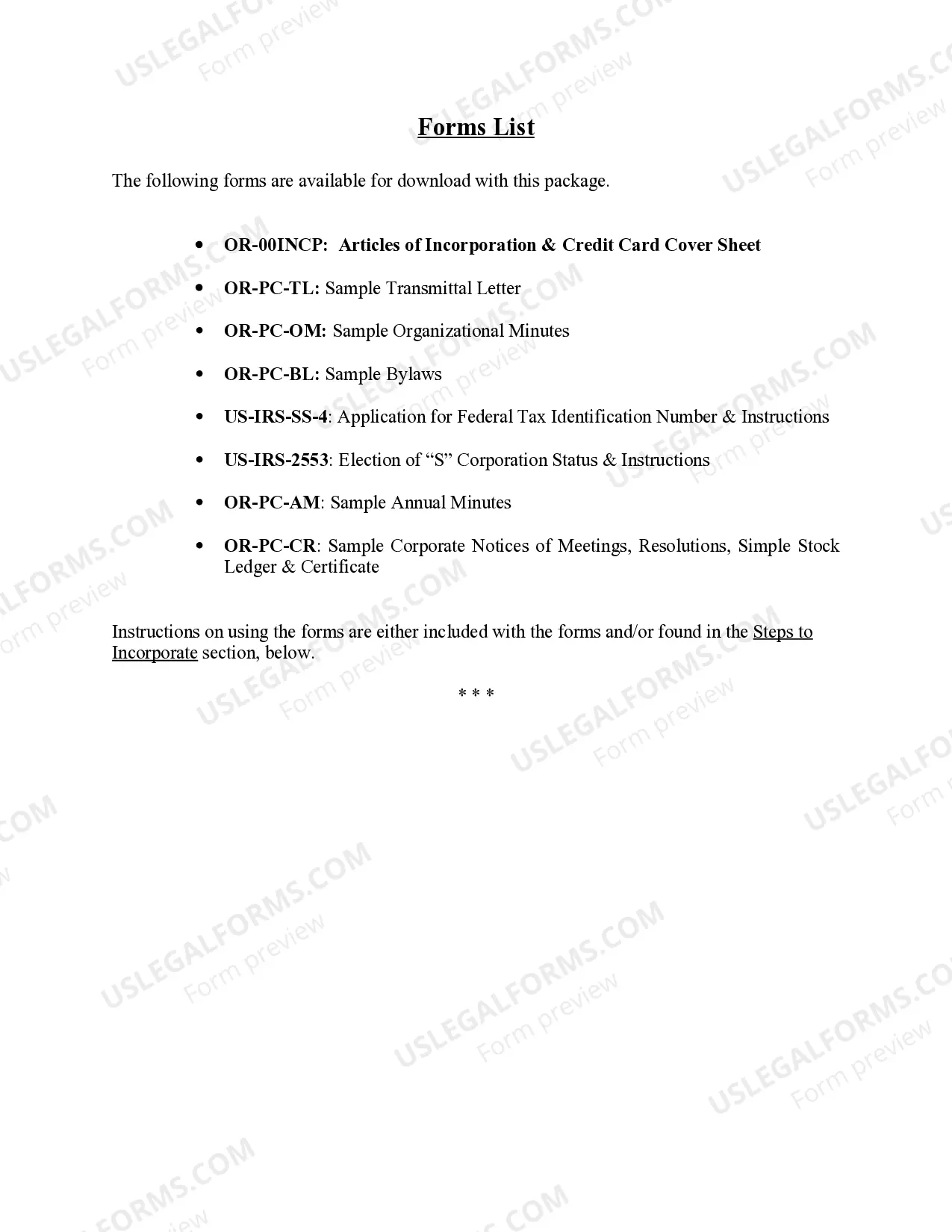 Preview Professional Corporation Package for Oregon