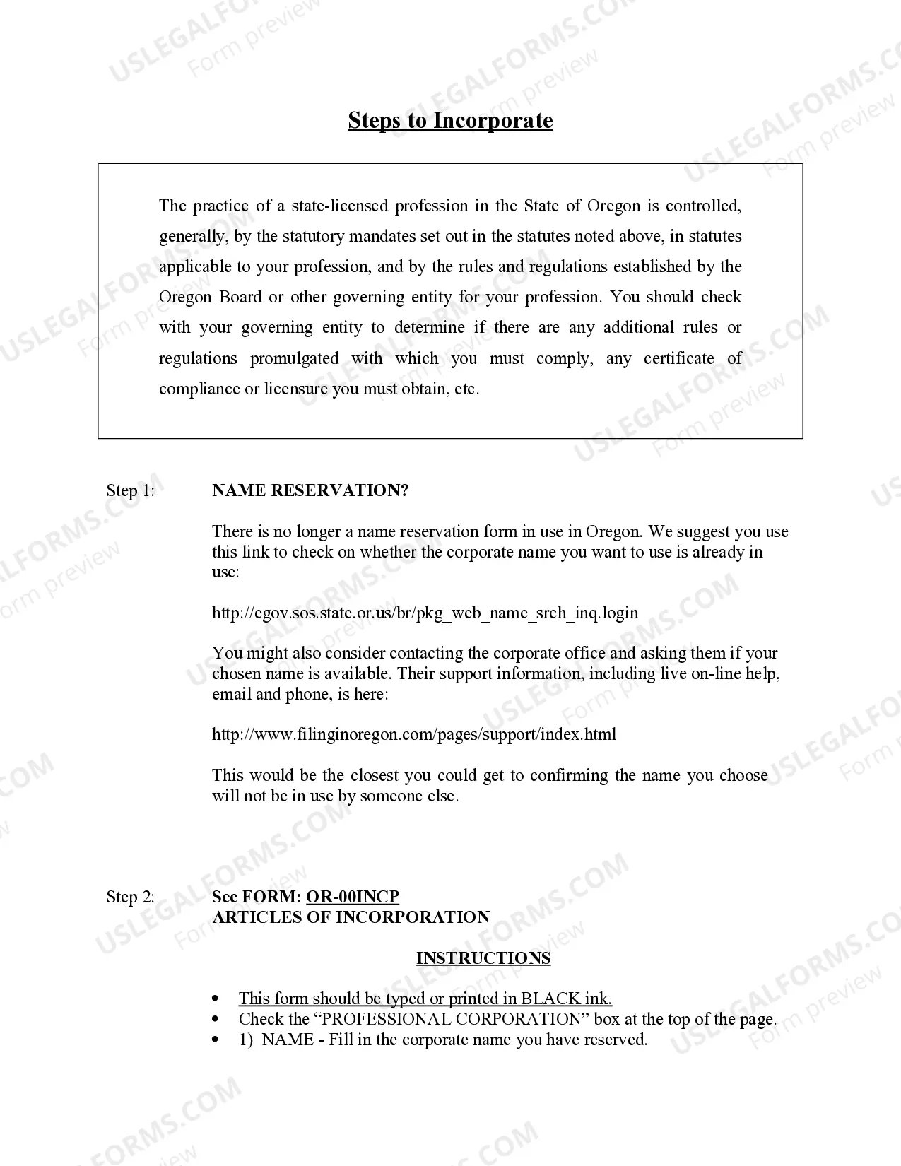 Preview Professional Corporation Package for Oregon