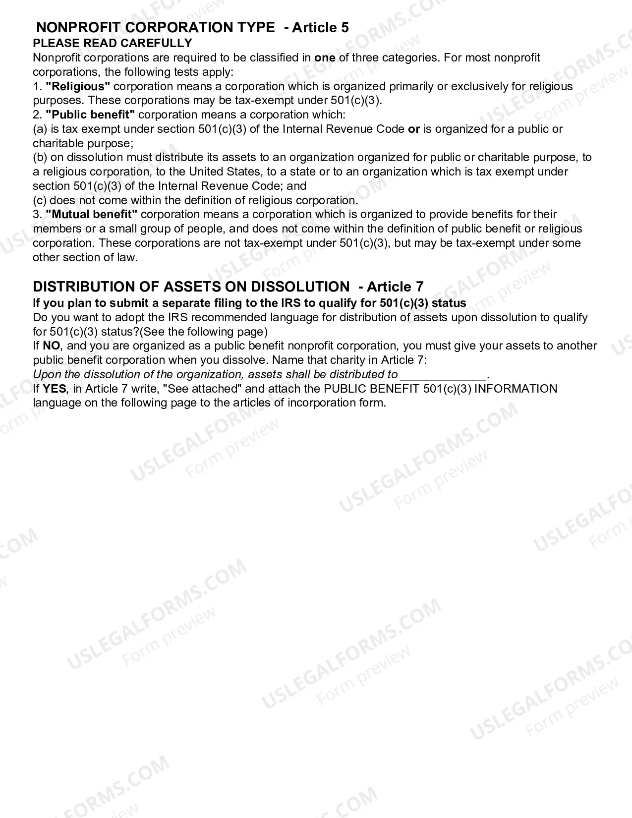 Preview Oregon Articles of Incorporation for Domestic Nonprofit Corporation