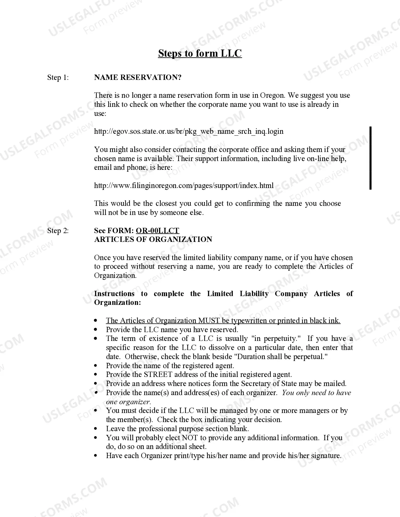 Preview Oregon Limited Liability Company LLC Formation Package