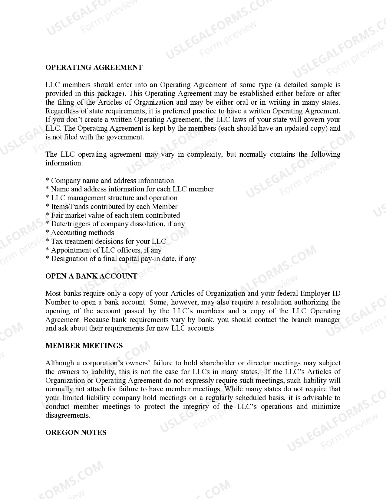 Preview Oregon Limited Liability Company LLC Formation Package