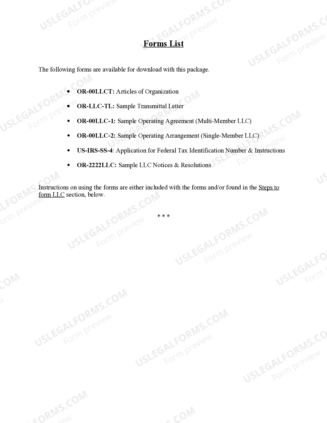 Preview Oregon Limited Liability Company LLC Formation Package