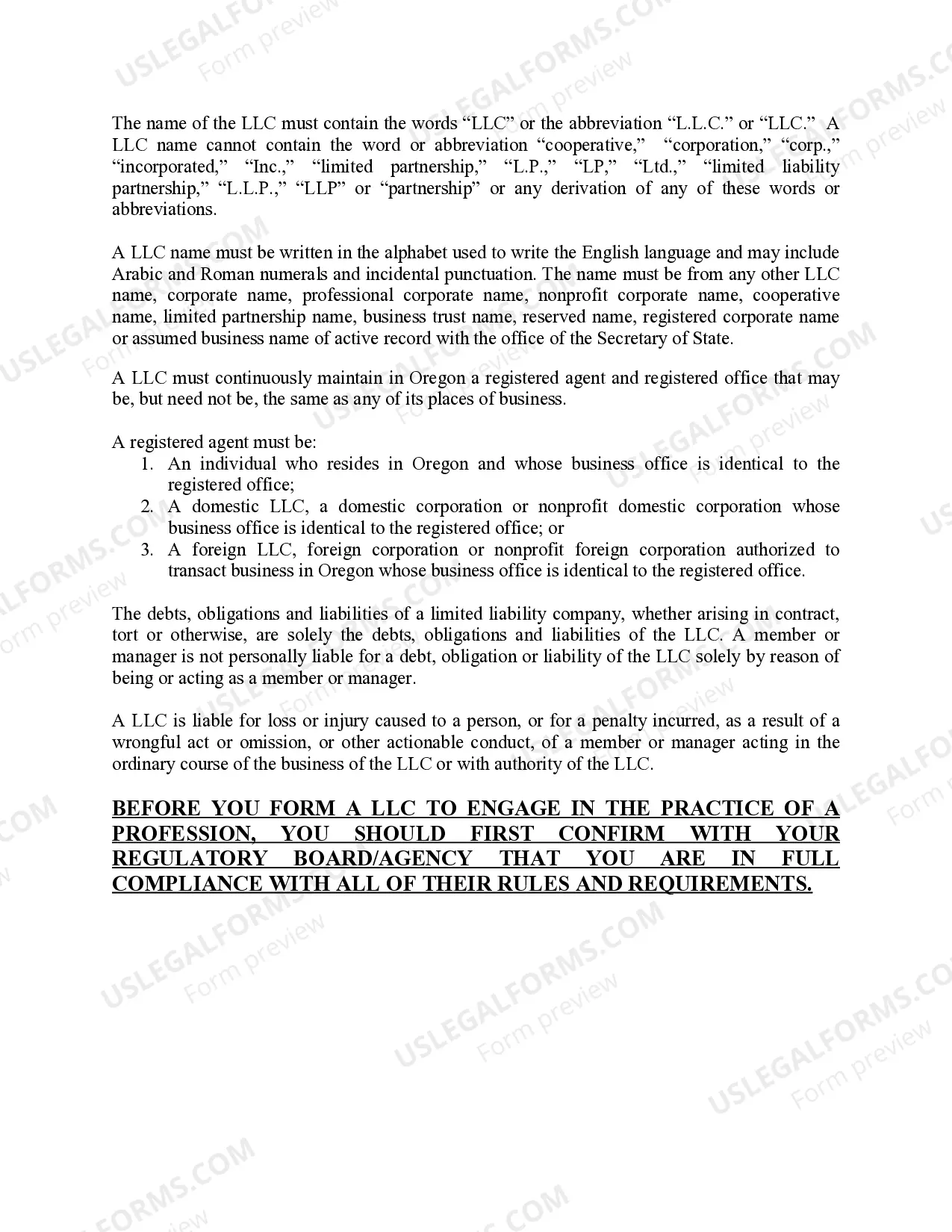 Preview Oregon Professional Limited Liability Company PLLC Formation Package