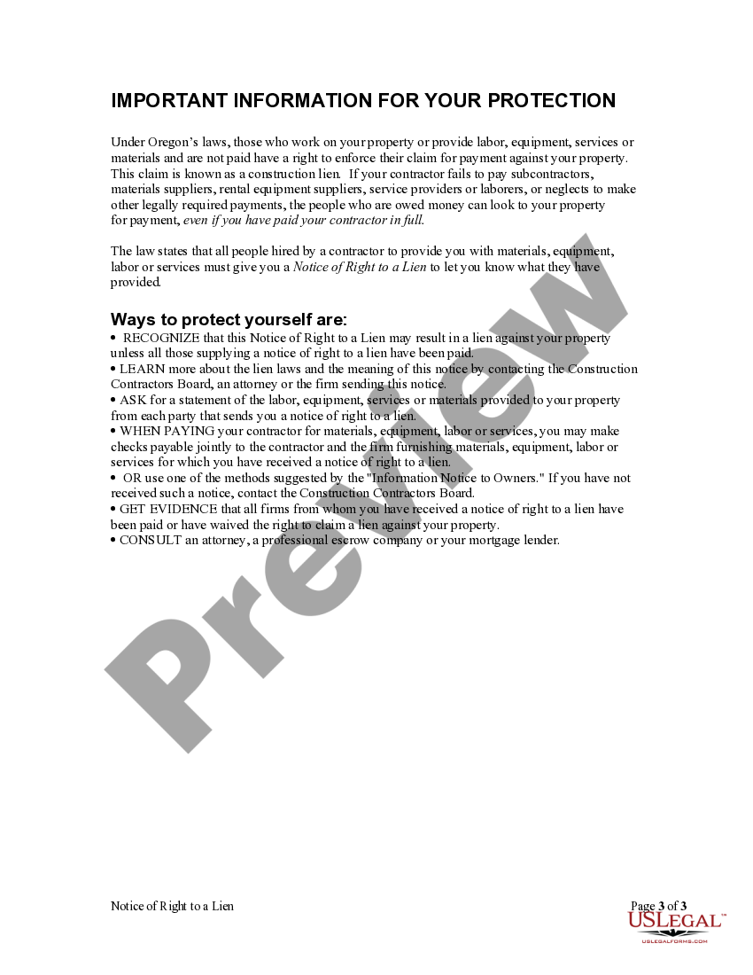 Oregon Notice of Right to Lien Sect. 87.023 Individual Notice Of