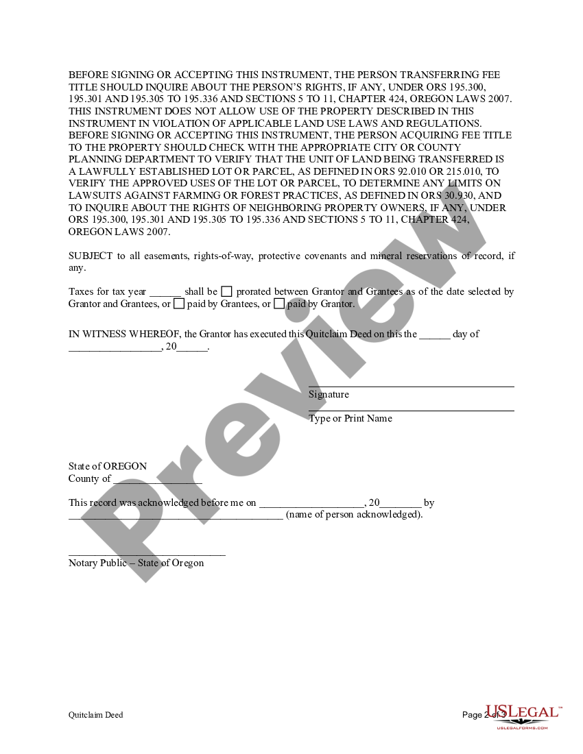 Oregon Quitclaim Deed from Individual to Husband and Wife - Quitclaim ...