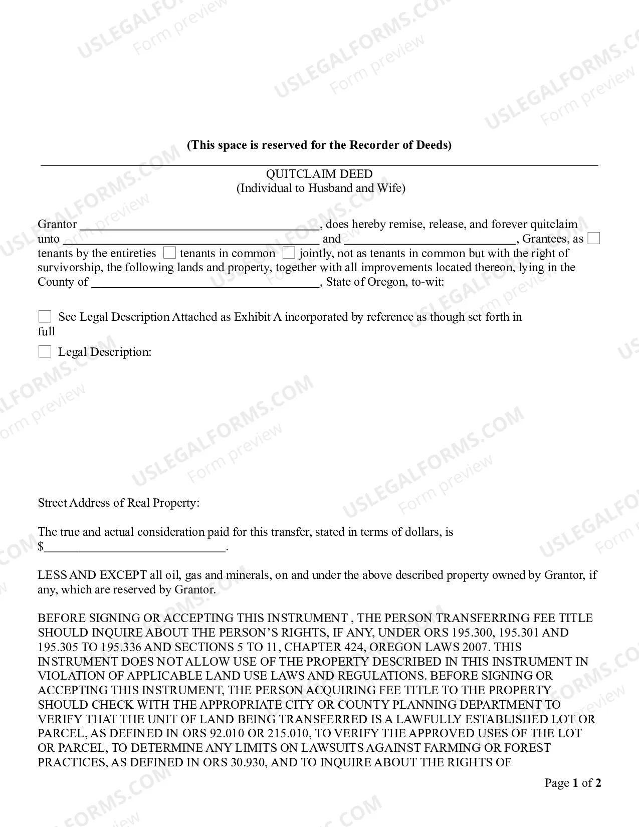 Preview Quitclaim Deed from Individual to Husband and Wife