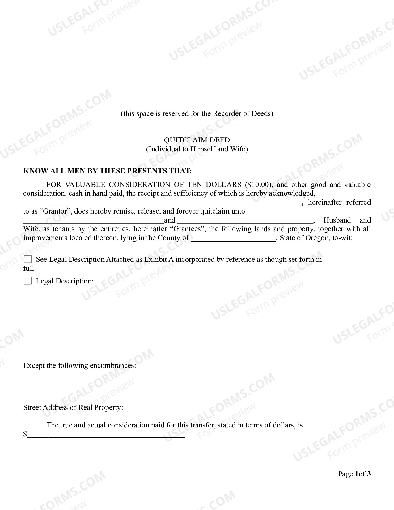 Preview Quitclaim Deed from Husband to Himself and Wife