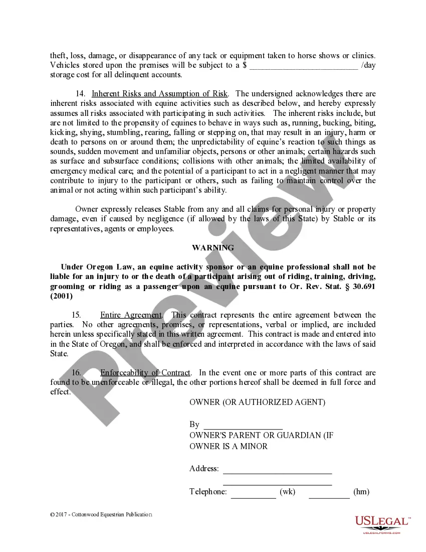 Preview Boarding Stable Agreement - Horse Equine Forms
