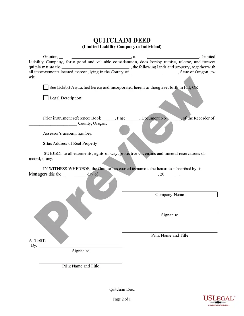 Preview Quitclaim Deed - Limited Liability Company to Individual