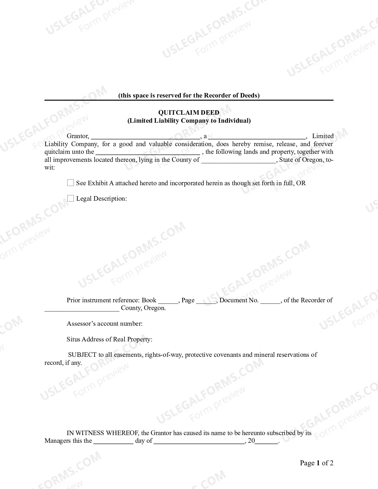 Preview Quitclaim Deed - Limited Liability Company to Individual