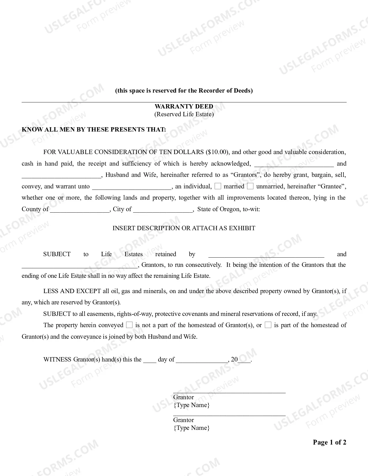 Preview Warranty Deed to Child Reserving a Life Estate in the Parents