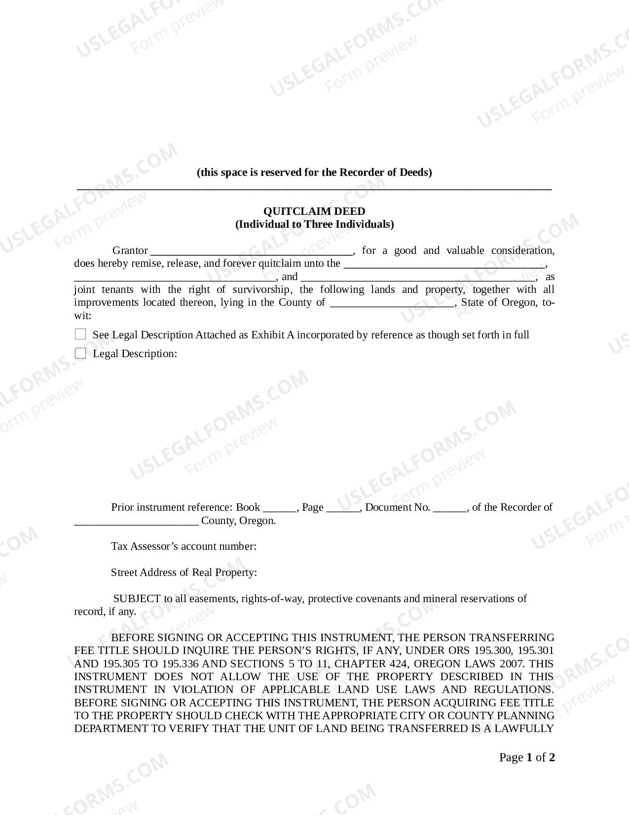 Preview Quitclaim Deed - Individual to Three Individuals