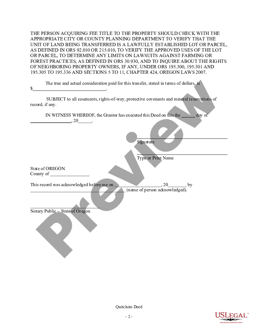 Oregon Quitclaim Deed Individual to Two Individuals Oregon Quit