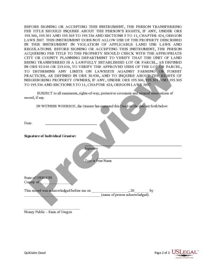 Preview Quitclaim Deed - Trust to an Individual