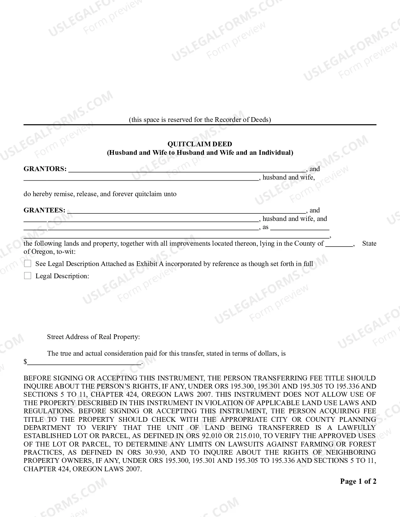 Preview Quitclaim Deed - Husband and Wife to Husband, Wife and an Individual