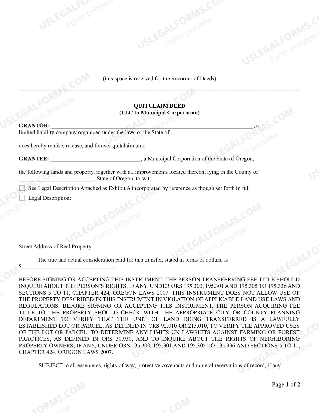 Preview Quitclaim Deed - Limited Liability Company to Municipal Corporation