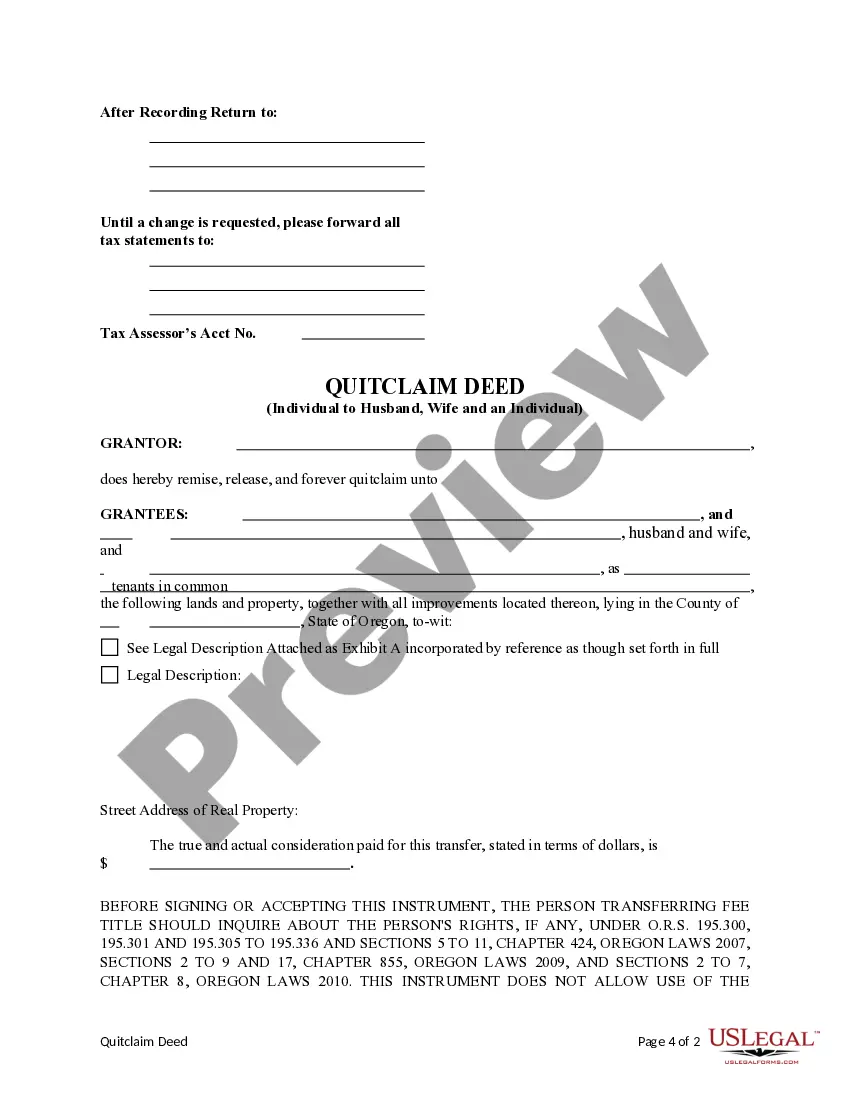 Preview Quitclaim Deed from an Individual to a Husband, Wife, and an Individual