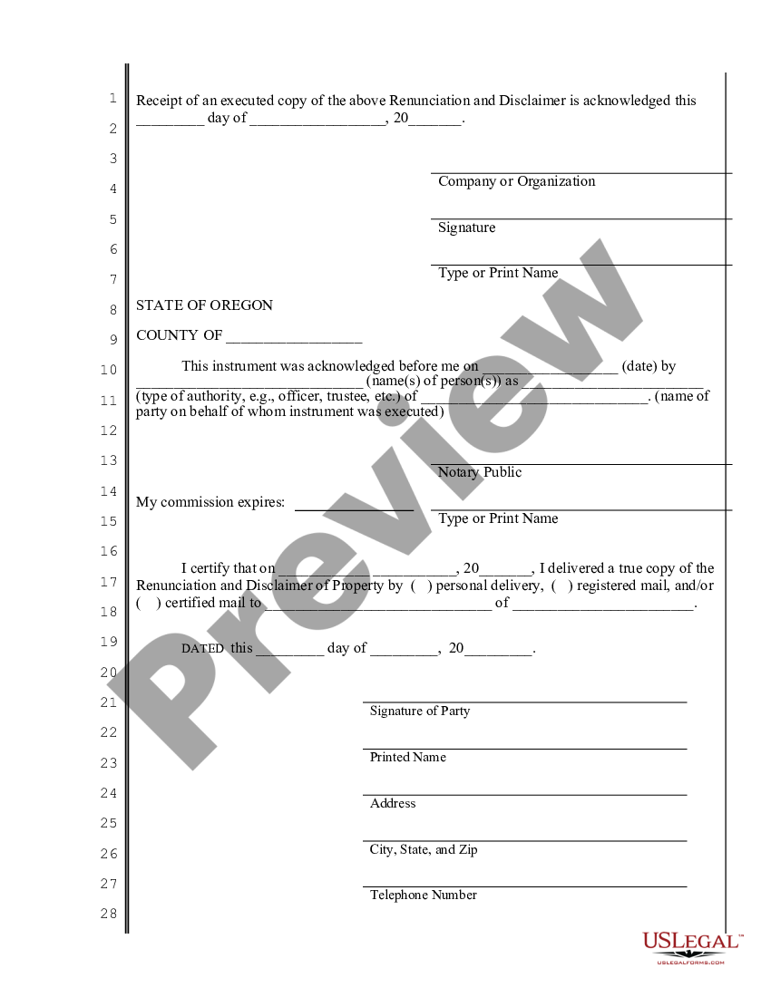 Oregon Renunciation And Disclaimer Of Property From Life Insurance Or Annuity Contract