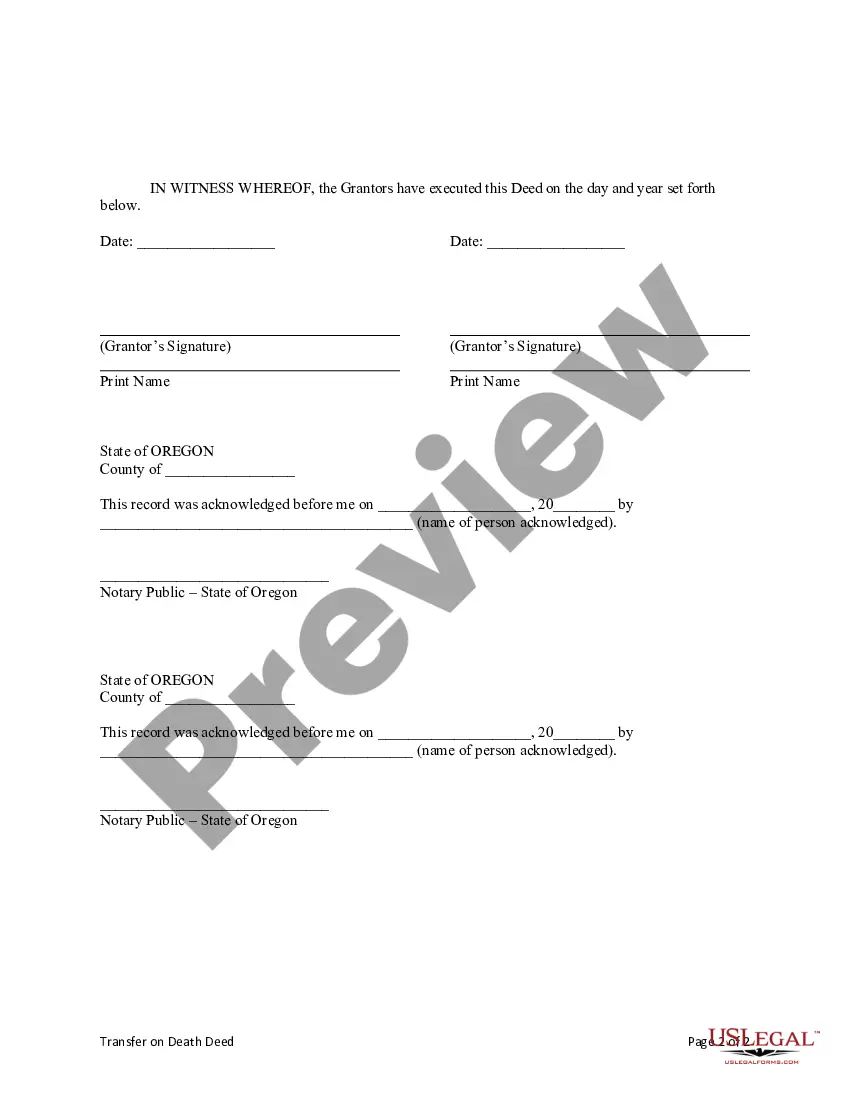 Preview Transfer on Death Deed from Two (2) Individuals or Husband and Wife to an Individual with provision for appointment of Alternative Beneficiary.