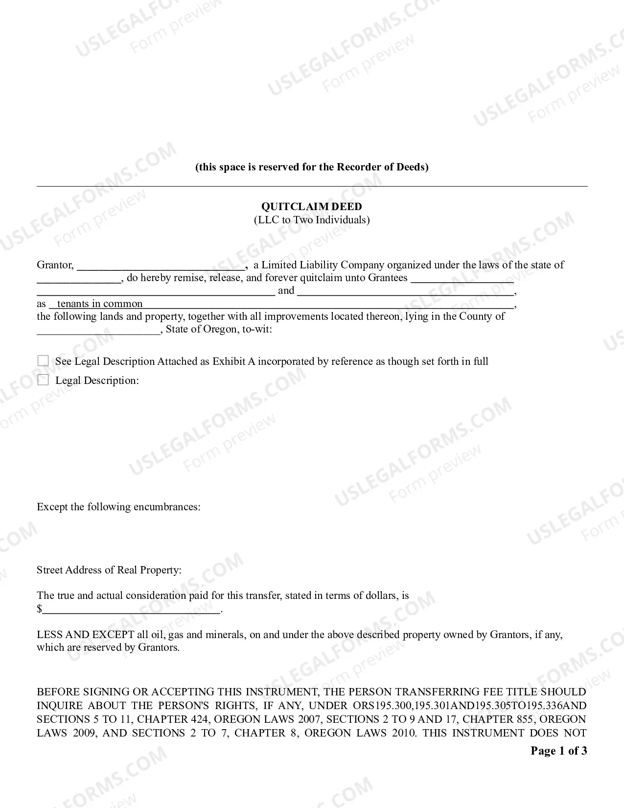 Preview Quitclaim Deed from a Limited Liability Company to Two Individuals