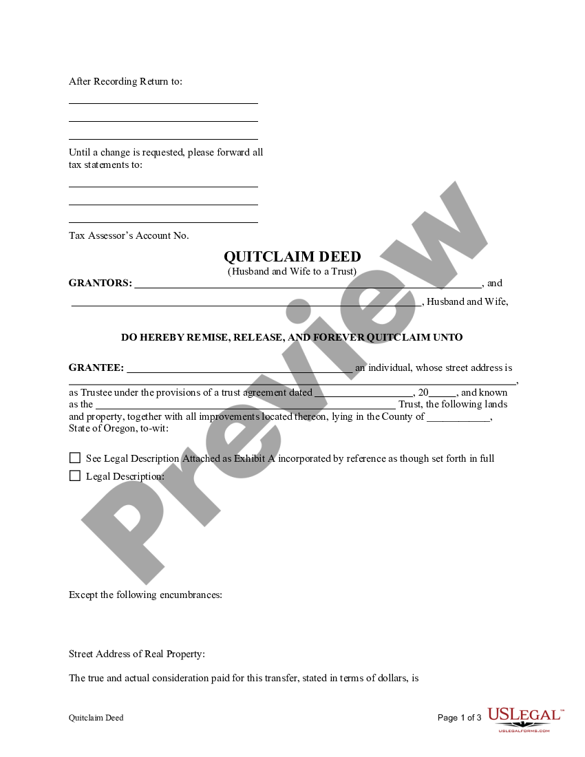 Oregon Quitclaim Deed From Husband And Wife To Trust Deed Husband Wife Us Legal Forms