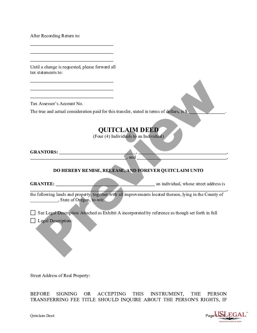 Quit Claim Deed Form For Oregon | US Legal Forms