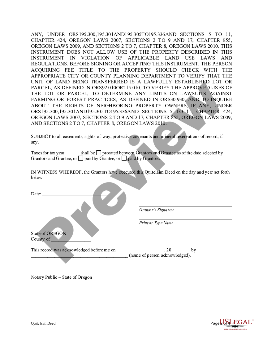 Oregon Quitclaim Deed from Four Individuals to One Individual - Oregon ...