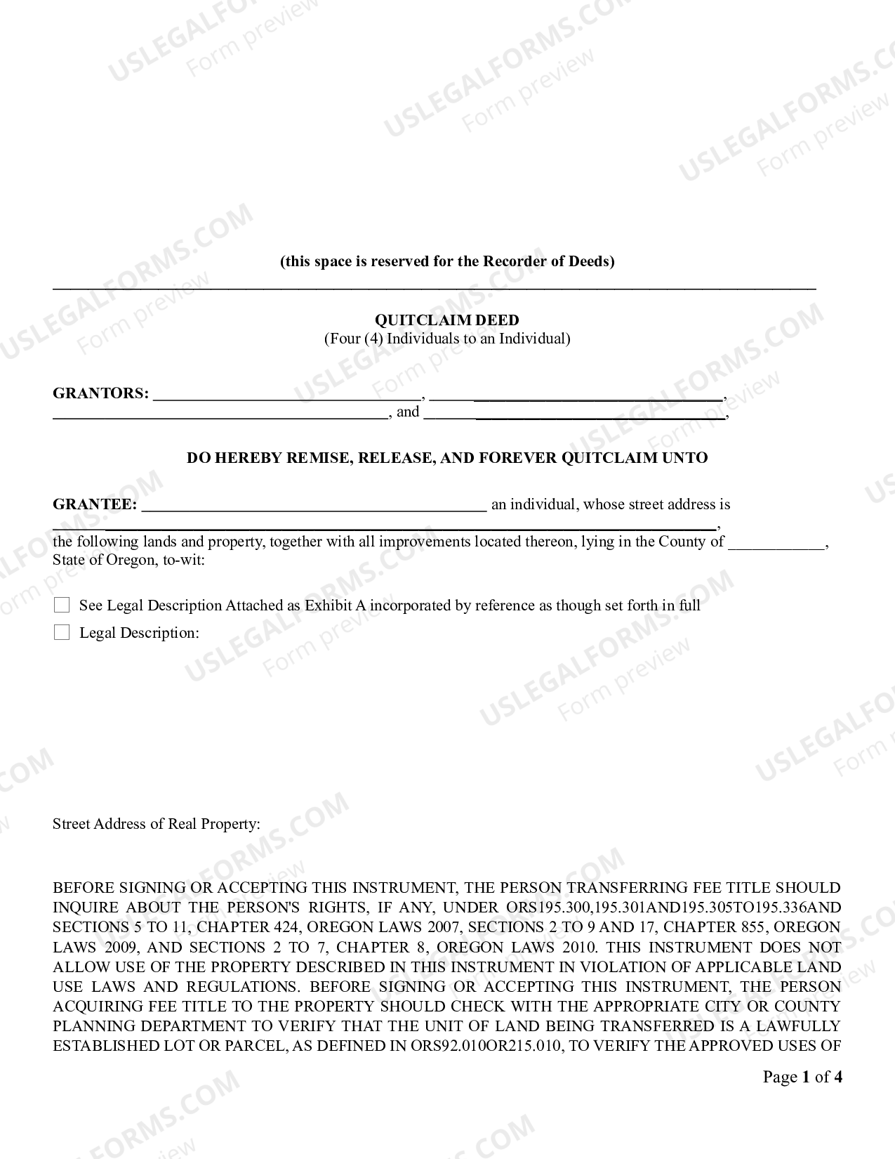Oregon Quitclaim Deed from Four Individuals to One Individual - Oregon