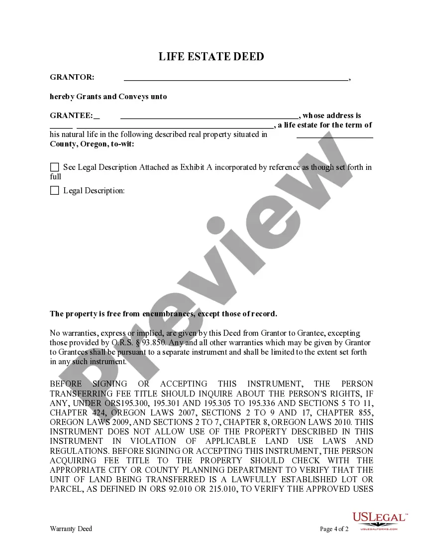 Get Life Estate Deed from an individual to an individual. Preview Life Estate Deed from an individual to an individual.