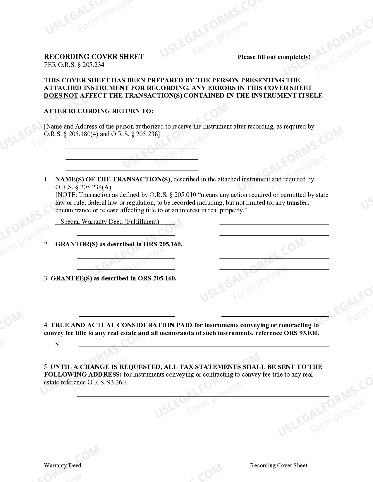 Oregon Special Warranty Deed Fulfillment from three Individuals to