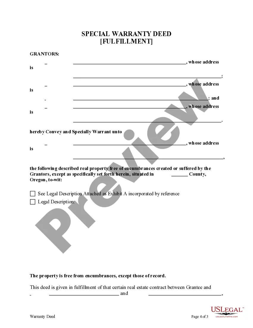 Preview Special Warranty Deed - Fulfillment from three Individuals to one Individual.