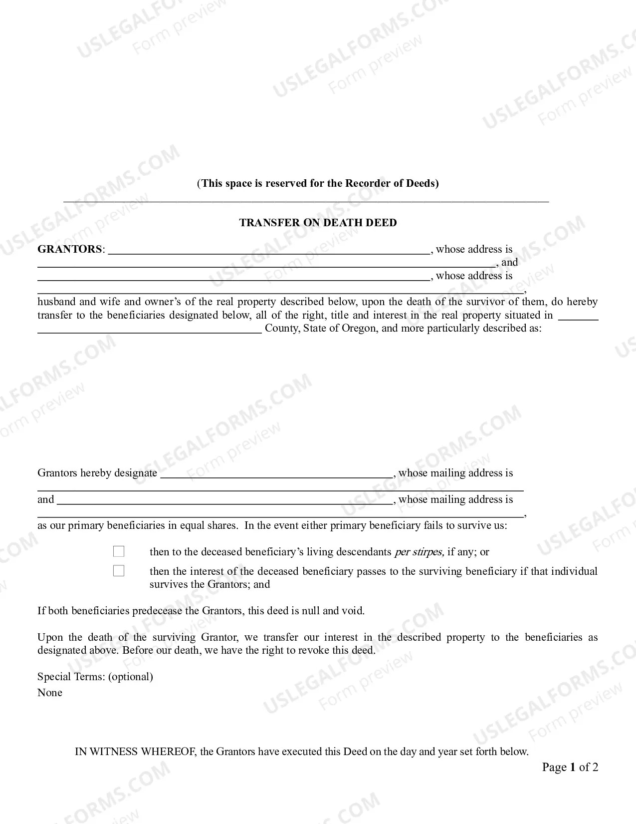 Preview Transfer on Death Deed from Husband and Wife / Two Individuals to Two Individual Beneficiaries.