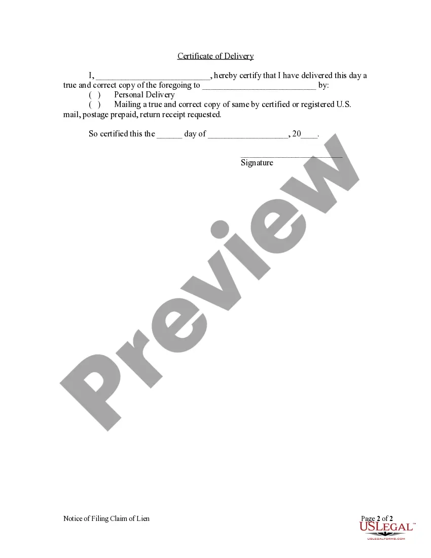 Preview Notice of Filing of Lien Claim - Individual