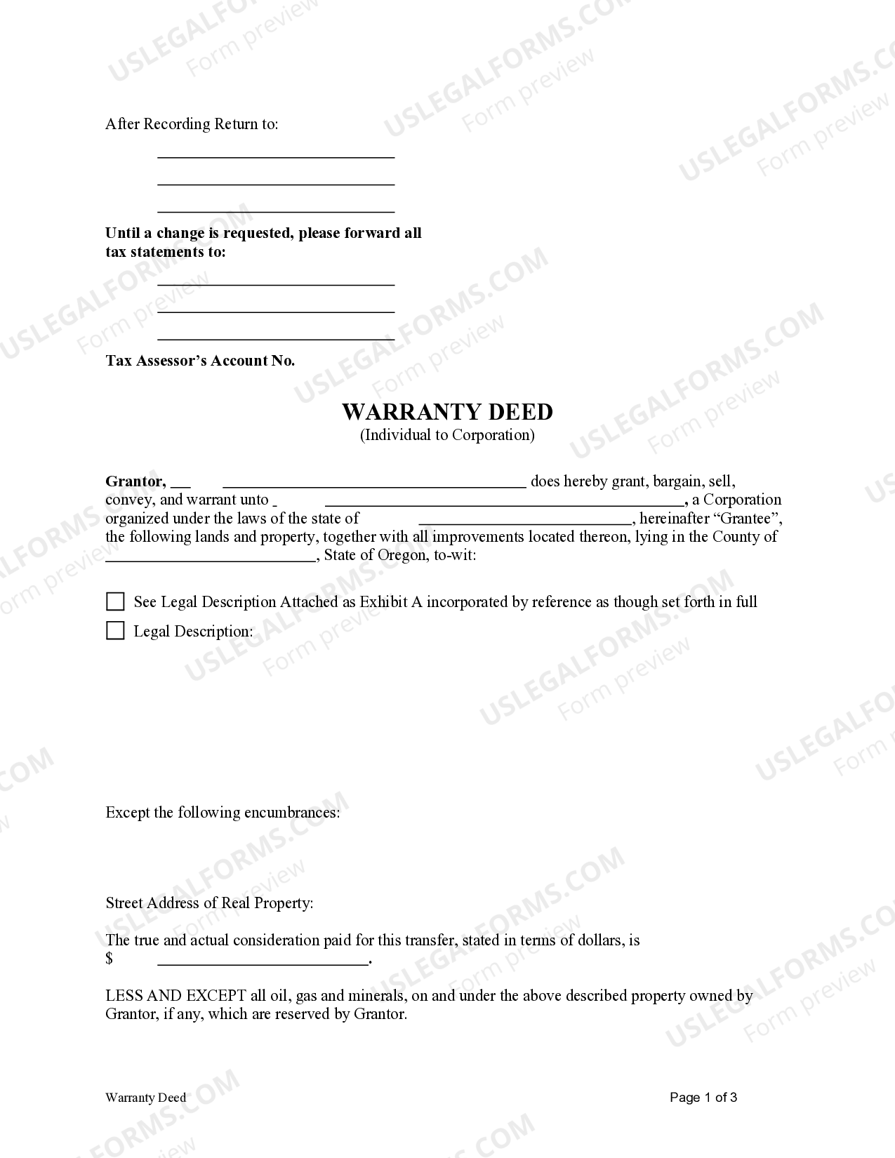 Oregon Warranty Deed from Individual to Corporation US Legal Forms