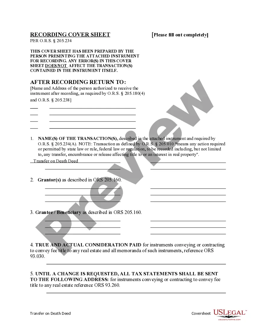 Get Transfer on Death Deed from an individual Owner/Grantor to four individual Beneficiaries. Preview Transfer on Death Deed from an individual Owner/Grantor to four individual Beneficiaries.