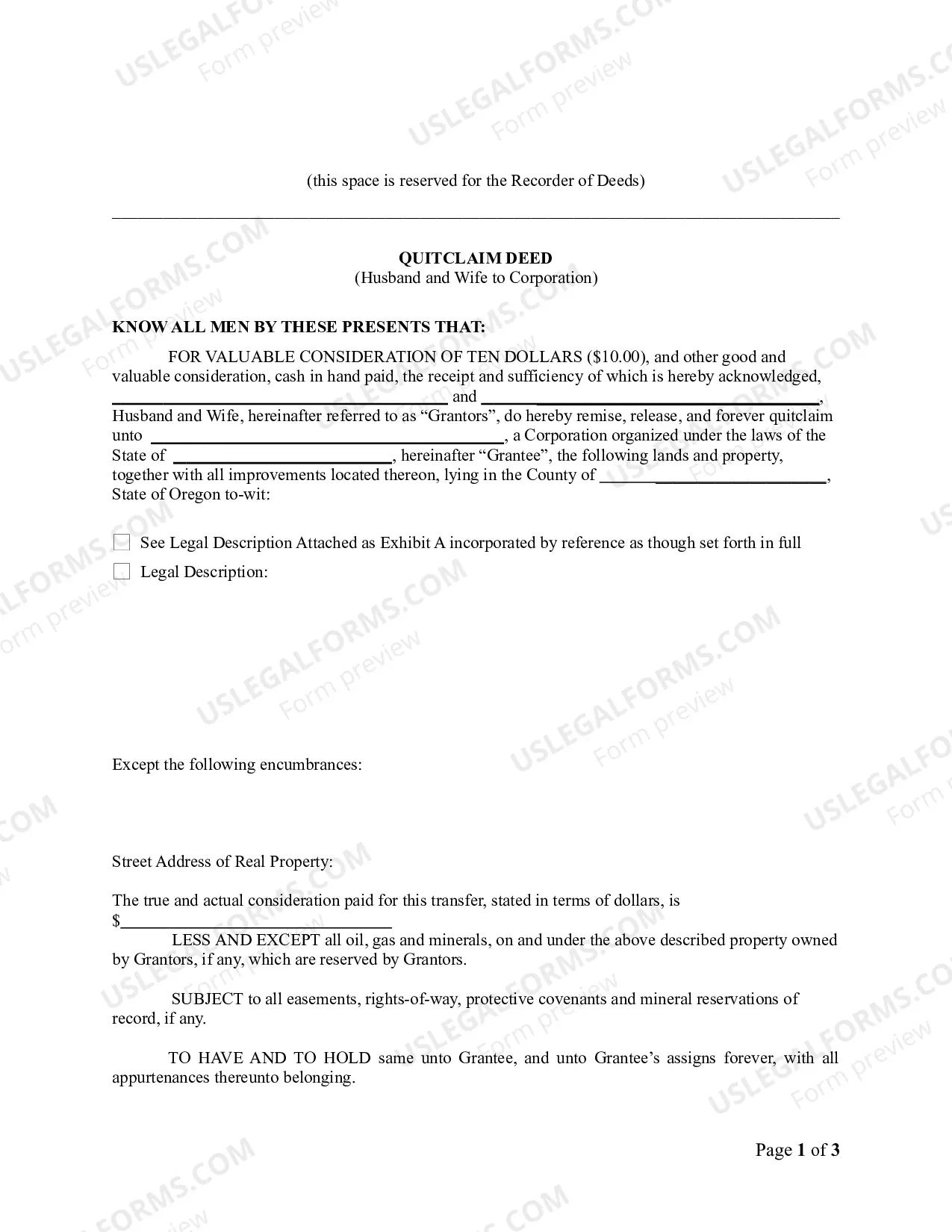 Preview Quitclaim Deed from Husband and Wife to Corporation