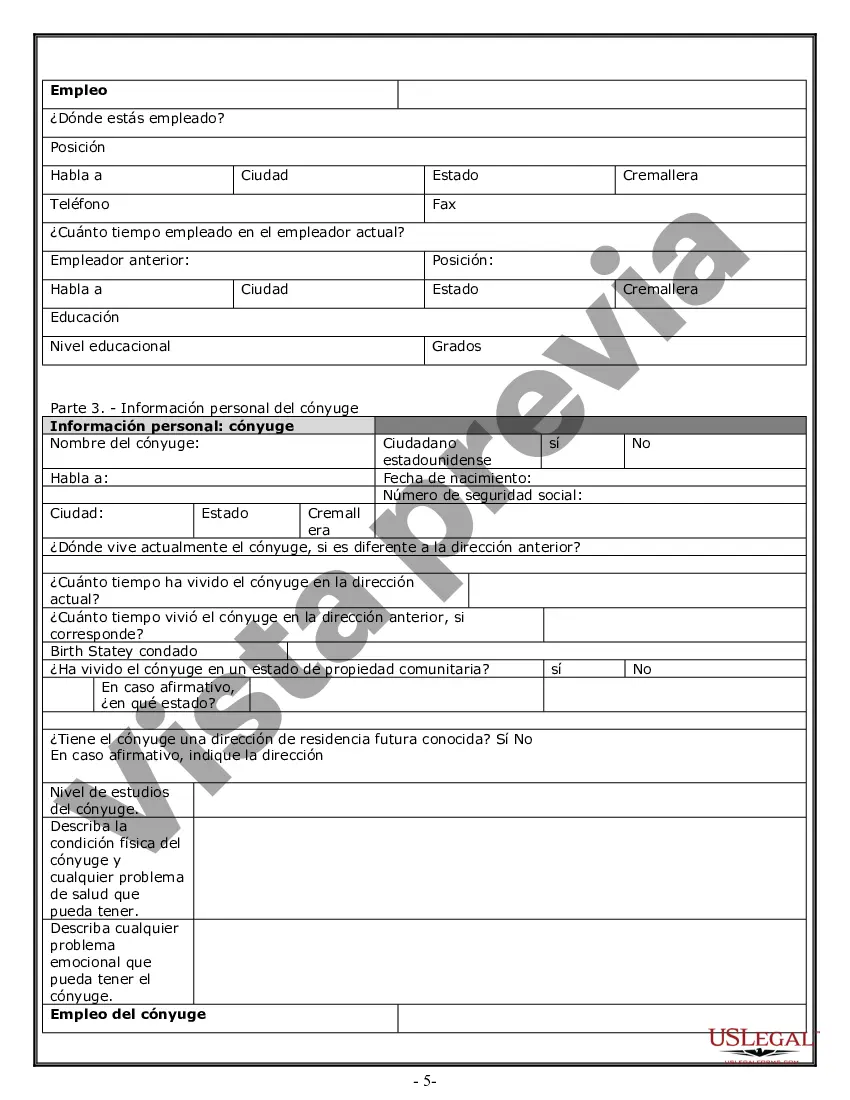Preview Hoja de trabajo de divorcio y resumen de la ley para casos disputados o no disputados de más de 25 páginas - Formulario de entrevista de cliente ideal