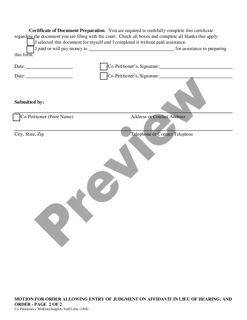 Preview Co-Petitioners' (with minor children) Motion for Order Allowing Entry of Judgment on Affidavit in Lieu of Hearing