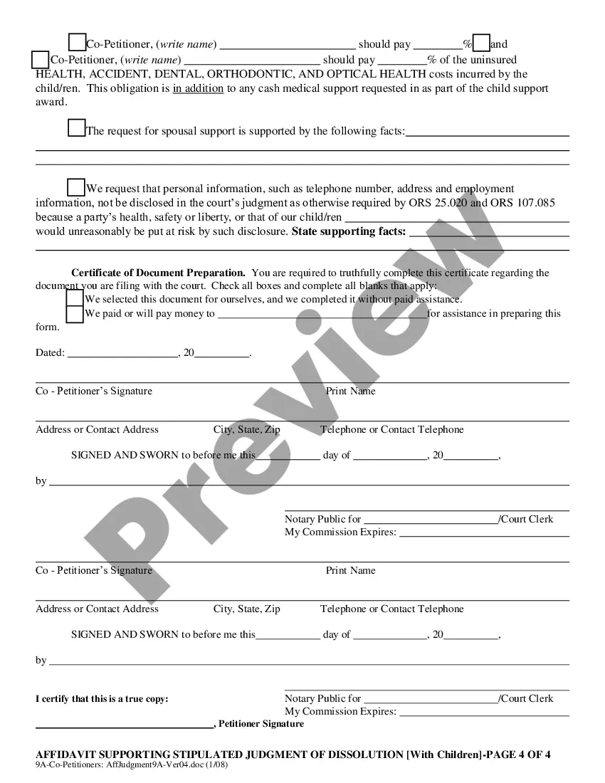 Get Co-Petitioners' Affidavit Supporting Stipulated Judgment of Dissolution Preview Co-Petitioners' Affidavit Supporting Stipulated Judgment of Dissolution