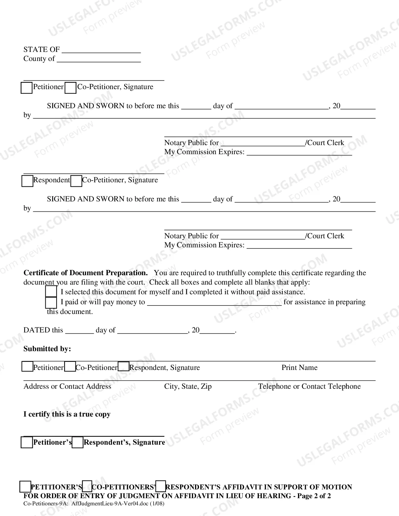 Preview Co-Petitioner's (minor children) Affidavit in Support of Motion for Order Allowing Entry of Judgment on Affidavit in Lieu of Hearing